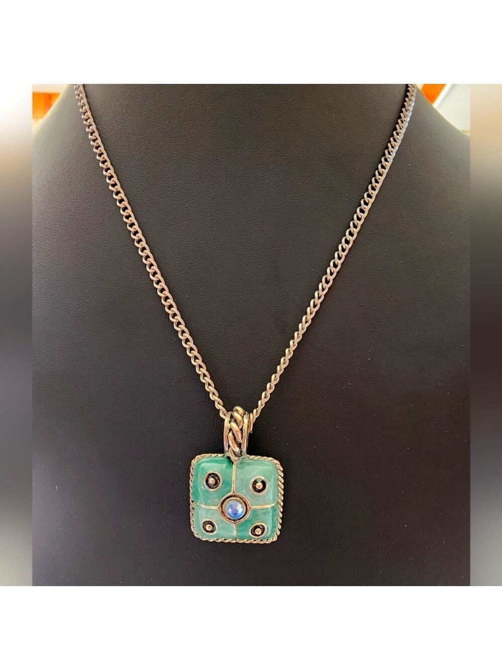 Vtg Artisan Silvertone & Enamel Pendant Necklace with Blue Crystal Accents